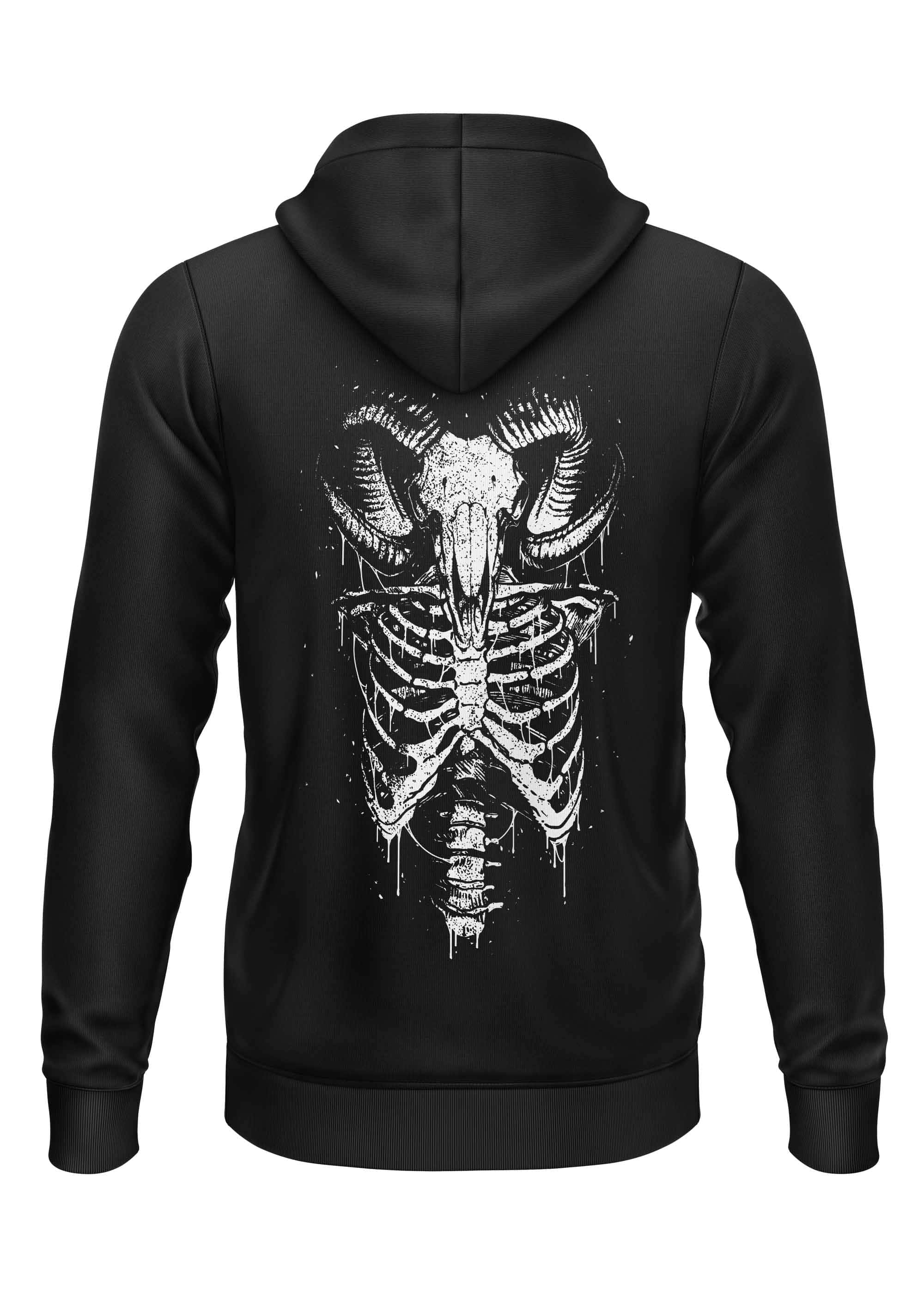 Schwarzer zip-up hoodie mit weißem aries ribs grafik print vereint rohe energie und rohen gothic aussage